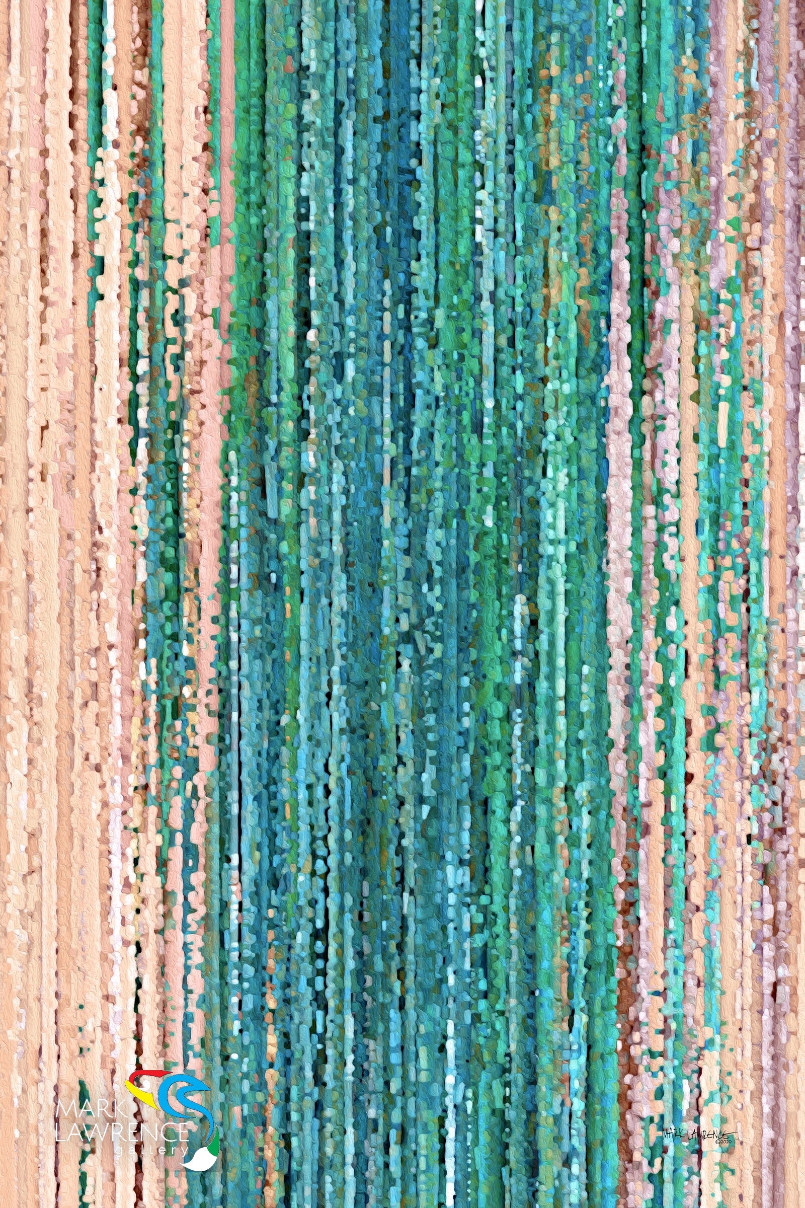 Be Still, Psalm 46:10 scripture wall art by Mark Lawrence, an abstract painting of soft vertical streaks in blue, aqua, green and white
