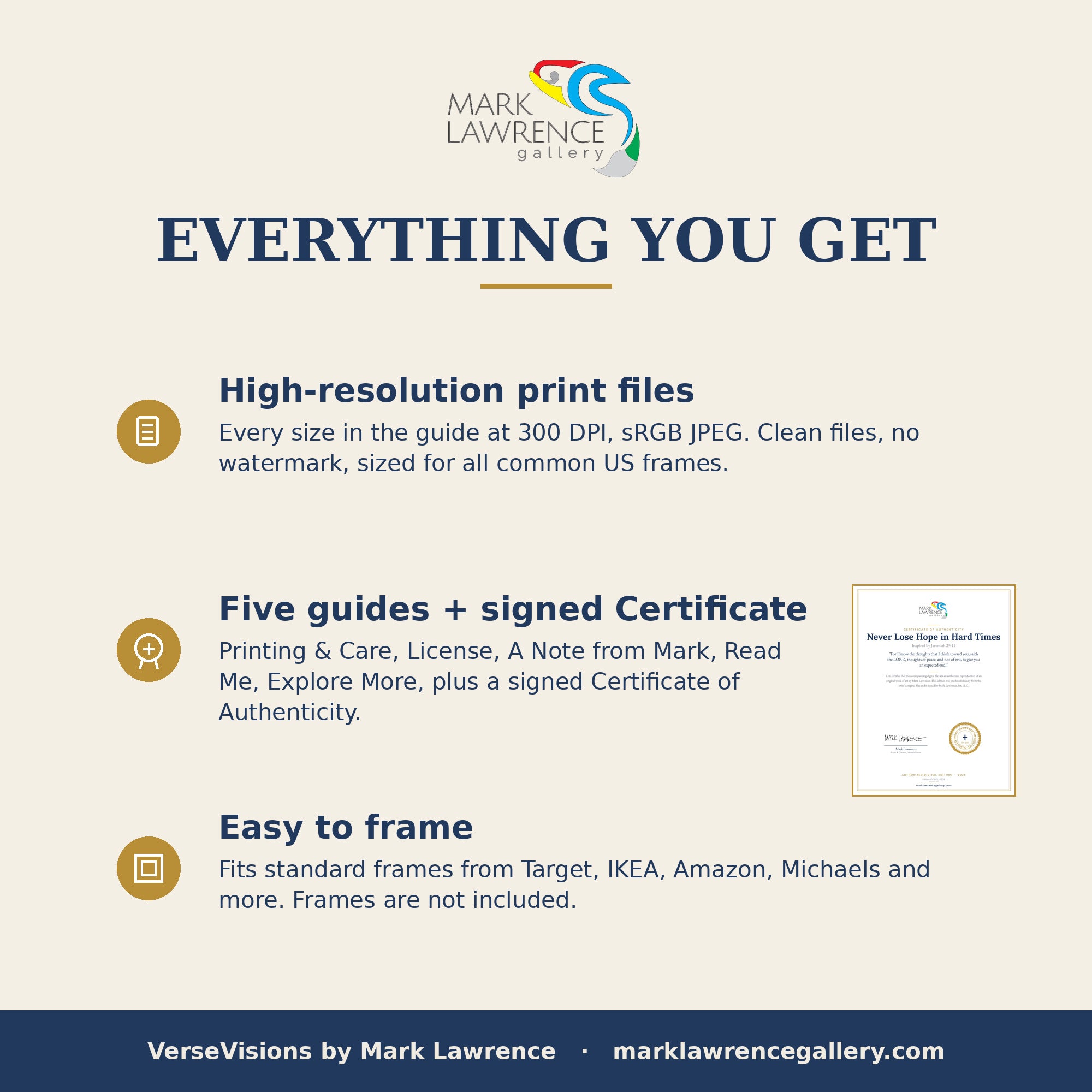Promotional graphic for Mark Lawrence Gallery with text about high-resolution print files, guides, and certificate.