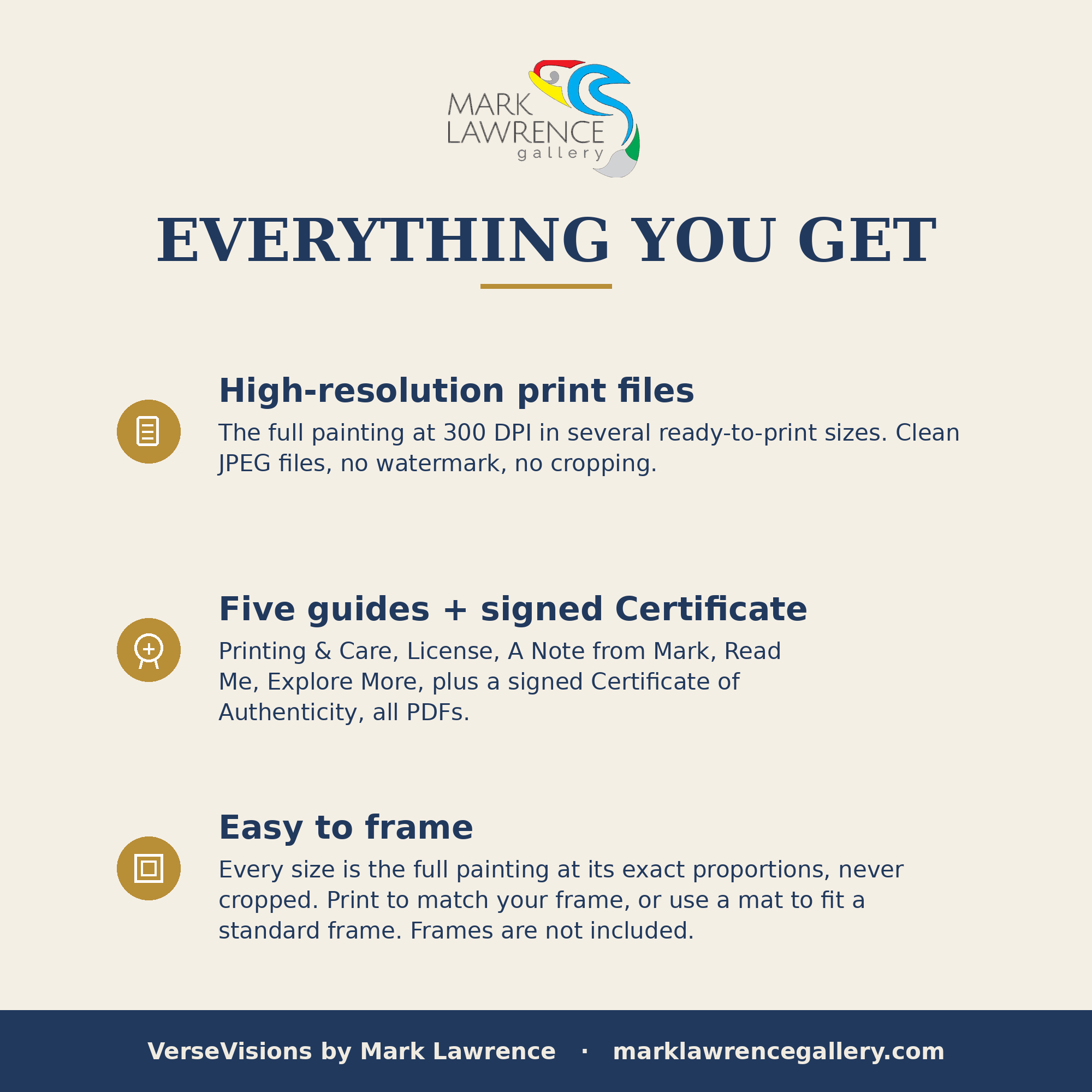 What's included with this printable wall art download: full-painting print files at 300 DPI, five PDF guides, and a signed Certificate of Authenticity by Mark Lawrence