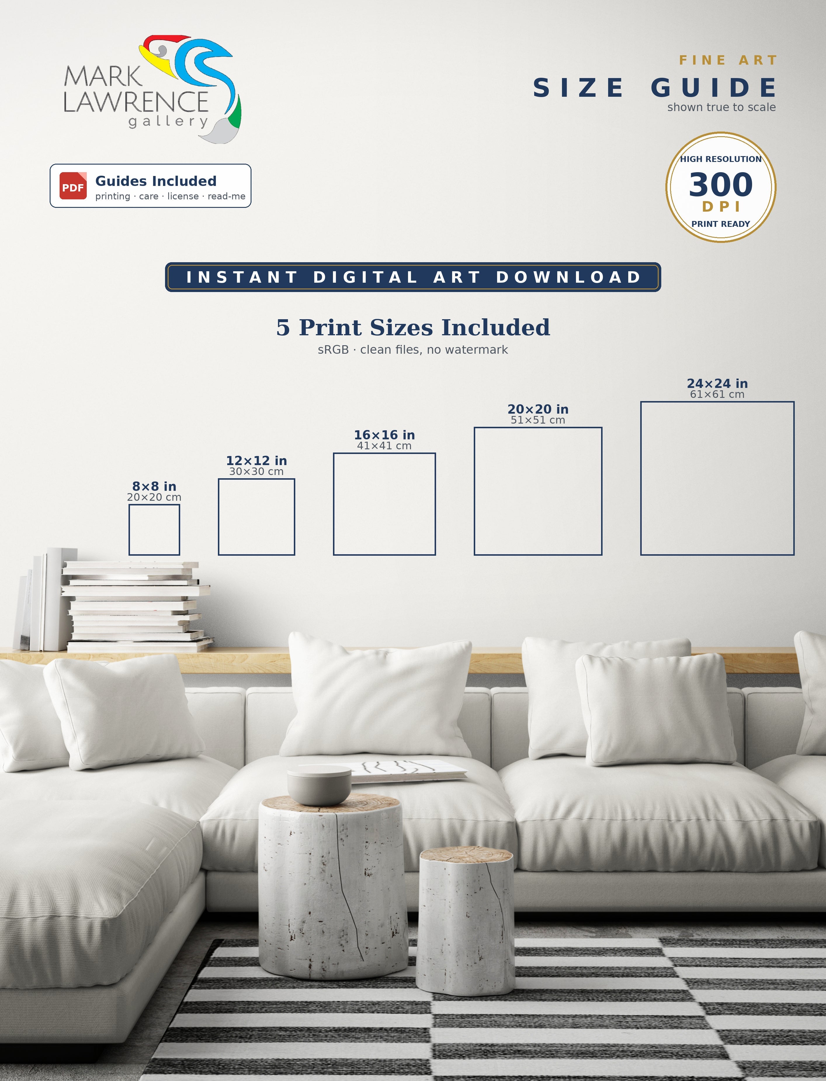 Size guide for Psalm 34:18 Close to the Broken printable wall art, square sizes framed for scale