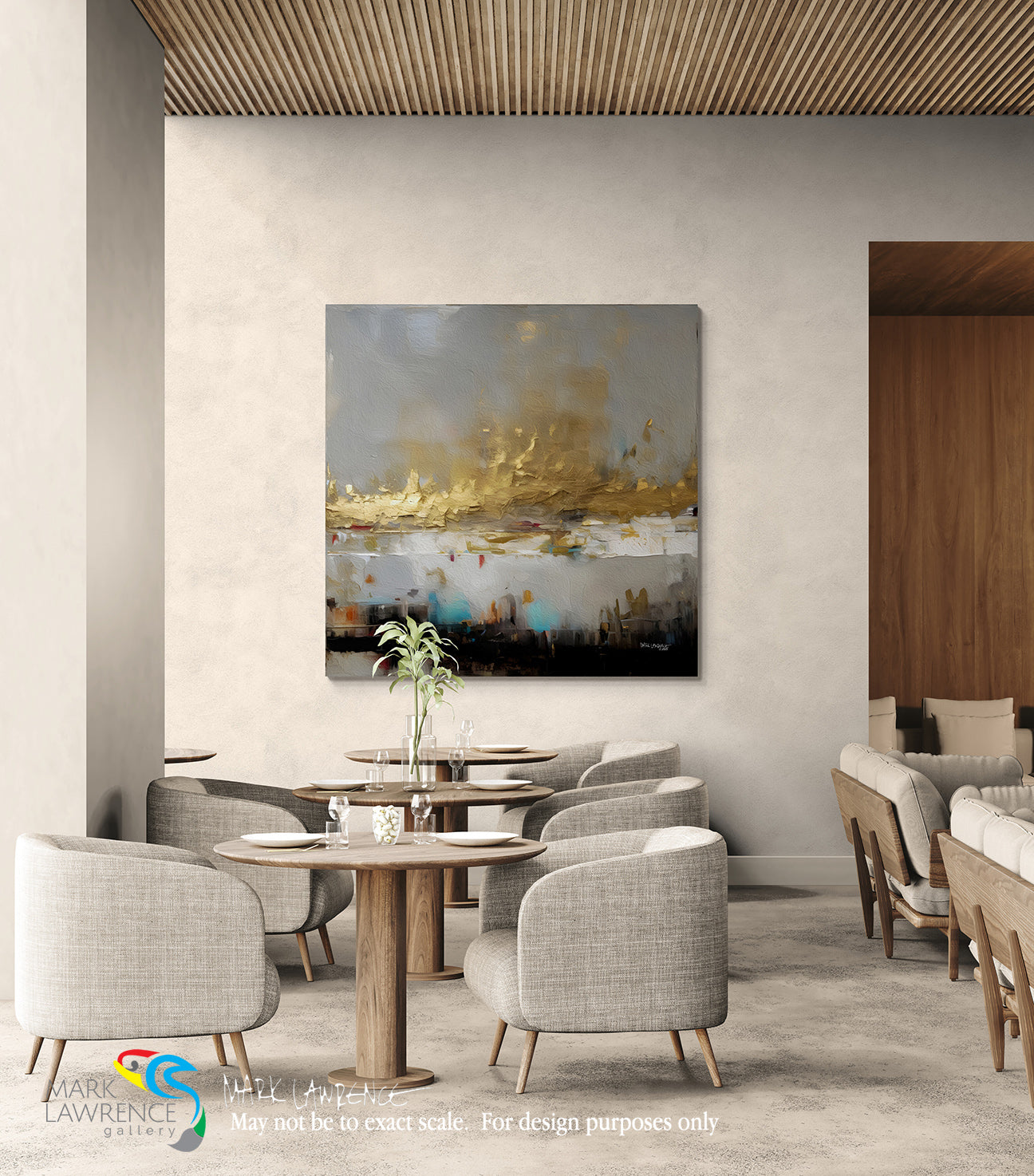Modern dining area with abstract art on the wall