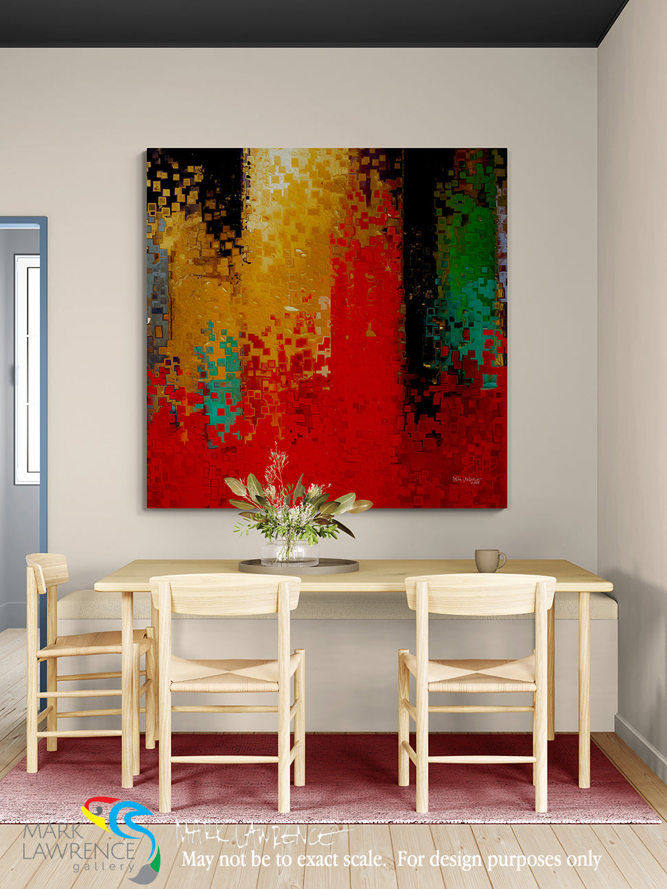 Dining room with a colorful abstract painting on the wall above a table and chairs.