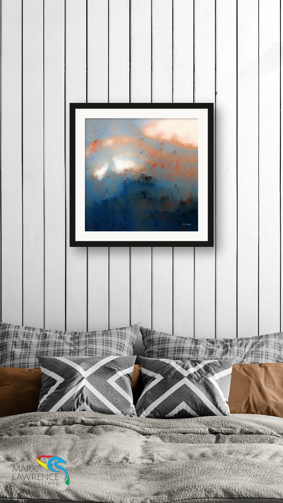 Never Lose Hope in Hard Times Jeremiah 29:11 printable art above a bed with cushions, white, blue and orange abstract scripture print
