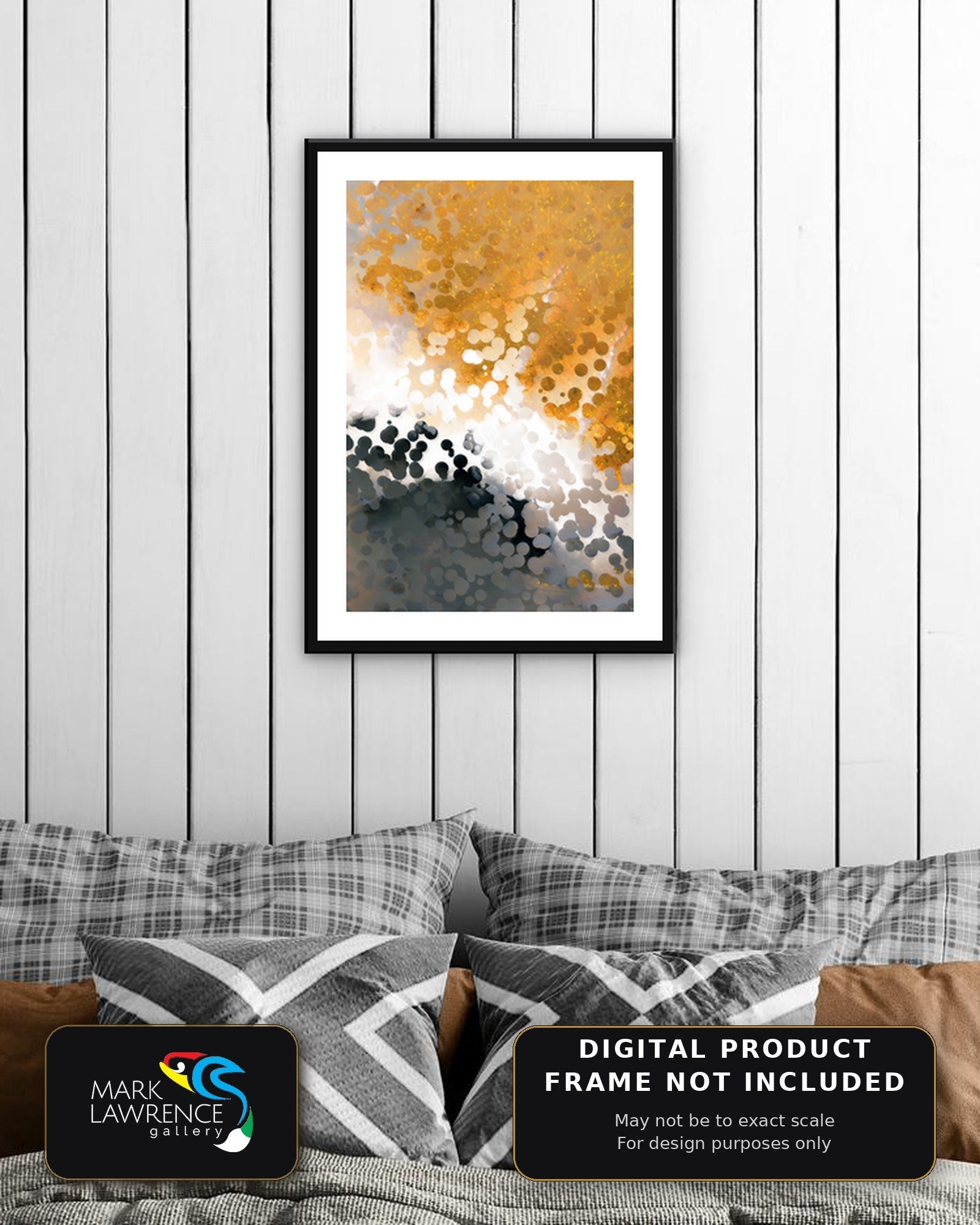 Philippians 4:13 printable wall art framed above a bed, gold and charcoal abstract