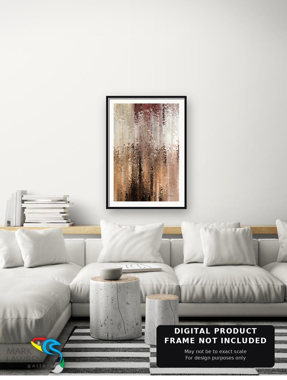 Isaiah 41:10 scripture wall art above a sectional sofa, abstract painting in warm amber and rust by Mark Lawrence