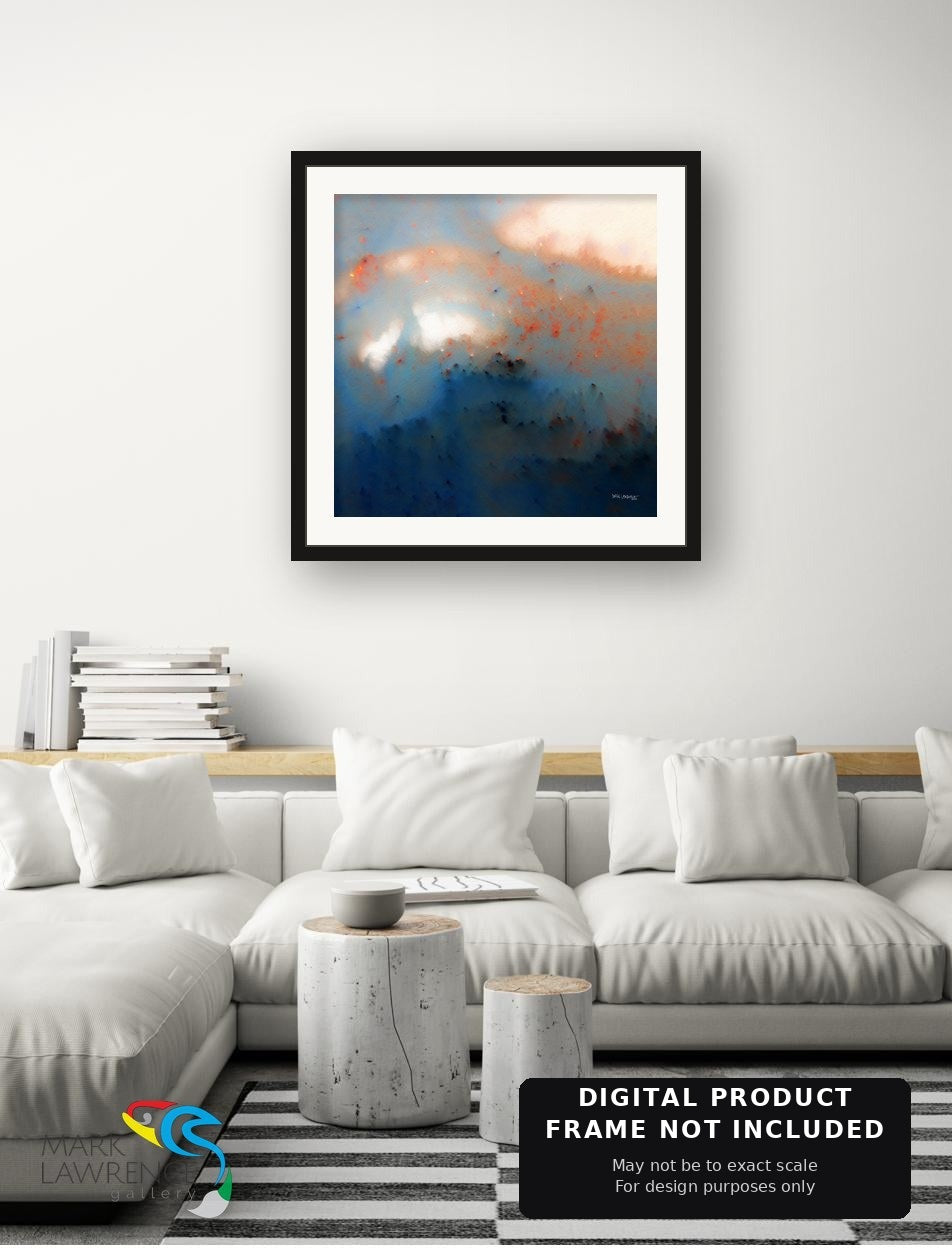 Jeremiah 29:11 scripture wall art above a sectional sofa, abstract painting in white, blue and orange by Mark Lawrence