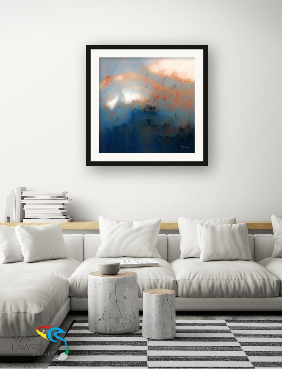 Jeremiah 29:11 scripture wall art above a leather sofa, abstract painting in white, blue and orange by Mark Lawrence