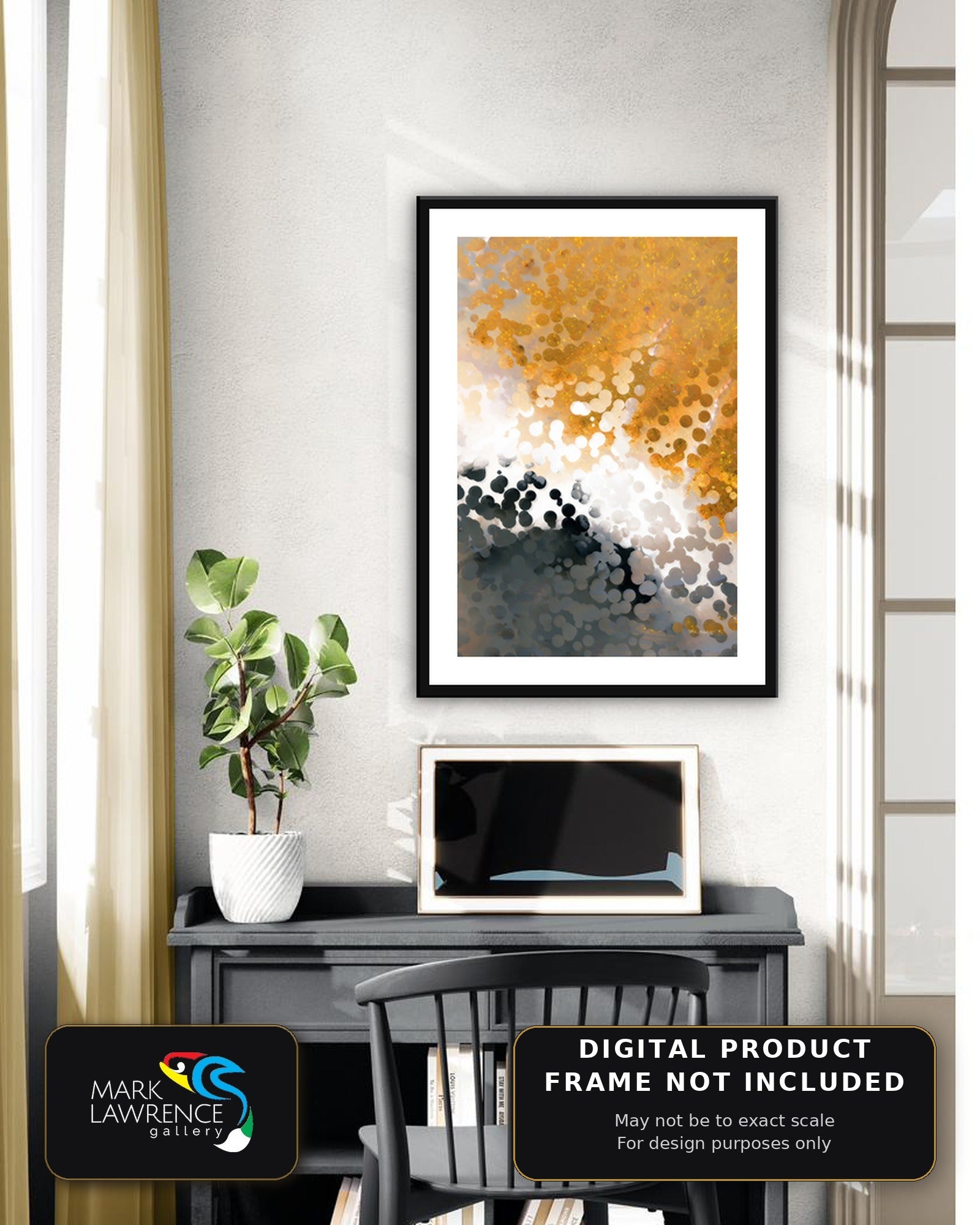 Philippians 4:13 scripture art framed above a console desk, gold and charcoal abstract