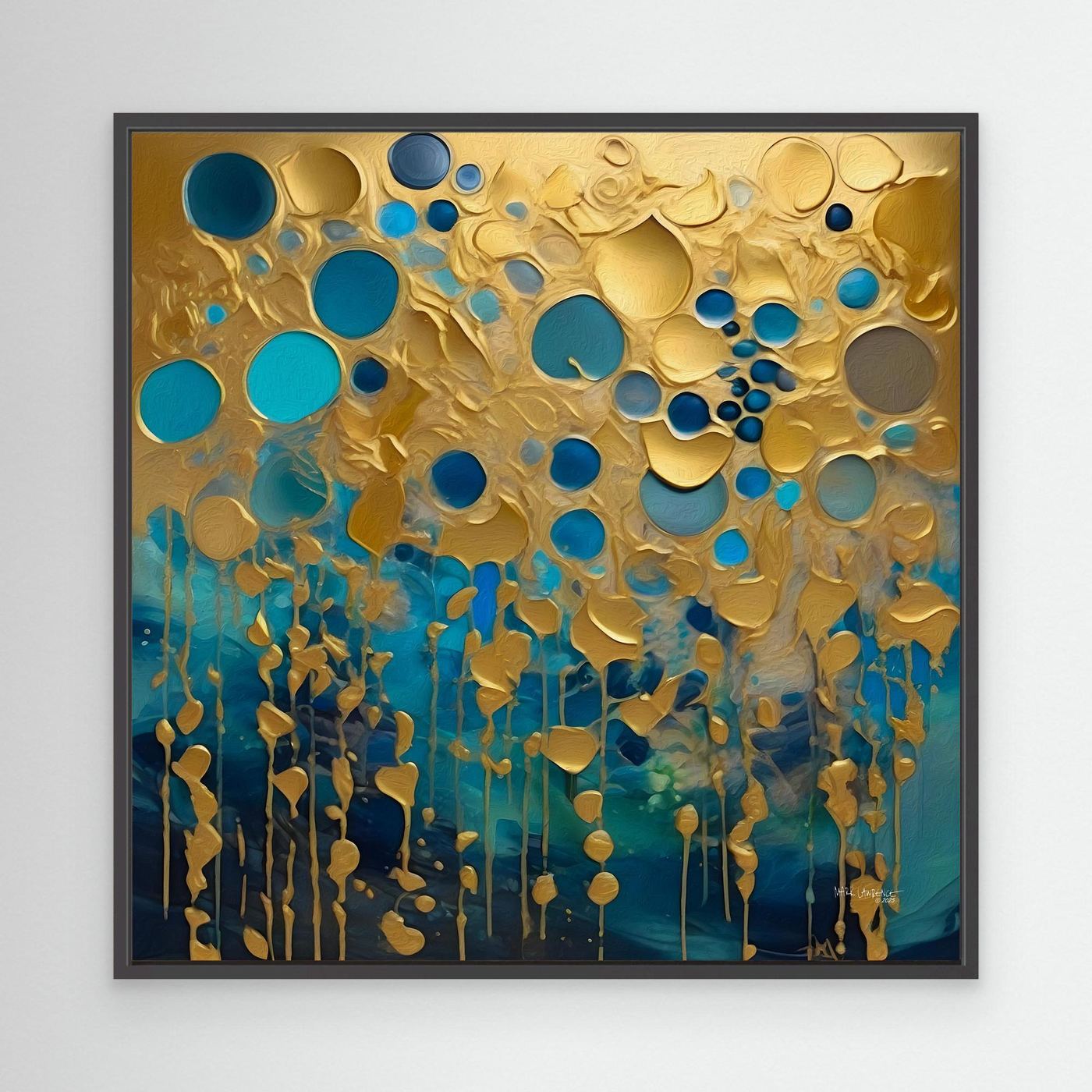 Isaiah 66:12 "Streams of Glory" aqua, blue and gold abstract Christian canvas in a black float frame by Mark Lawrence